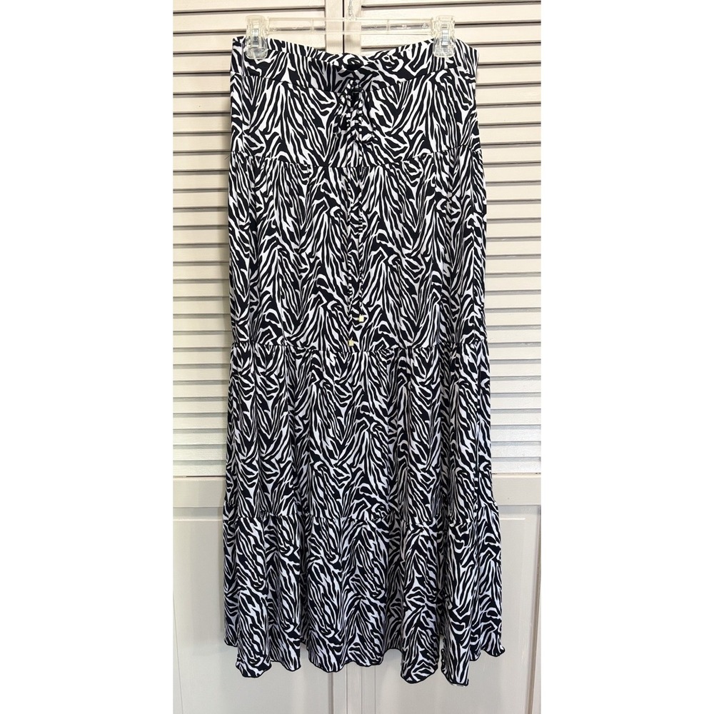 Style & Co Zebra Print Maxi Skirt A-line Size M Elastic/Tie Waist Blk/Wh Tiered